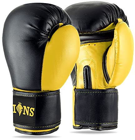 Lions Boxing Gloves - Premium Faux Leather, Pro Sparring Training Muay Thai Gloves, MMA Punching Kickboxing Bag Focus Mitts Fighting Training Workout for Men Women (INJECTION MOULD YELLOW, 10OZ)