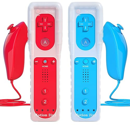 TechKen Manette de Wii avec Nunchuck, Télécommande Controller Motion Plus Intégré, Étui en Silicone et Dragonne (Bleu+Rouge)