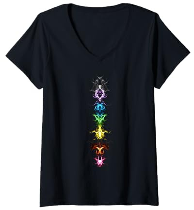 Damen Chakra Regenbogen Yoga Meditation Symbol Spirituell Fraktal T-Shirt mit V-Ausschnitt