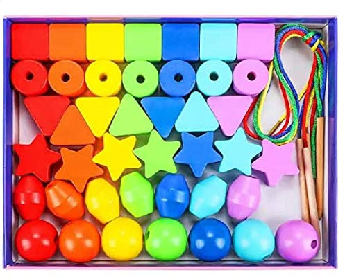 Toyssa 42 STK Perlen zum Auffädeln Perlen Fädelspiel Erste Regenbogen Holzperlen Holzspielzeug Motorikspielzeug Montessori Spielzeug Lernspielzeug Geschenke für 3 4 5 6 Jahre Kinder Mädchen Jungen