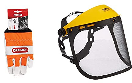 OREGON Chainsaw Left-Hand Protection Leather Gloves – Large (Size 10) (91305L) & Q515064 Browguard and Steel Mesh Visor Combination