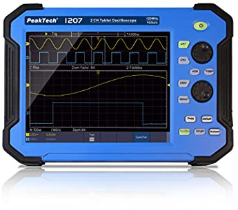 PeakTech P 1207 – Tragbares 2-Kanal Oszilloskop mit 8 Touchscreen, Tablet Oscilloscope, Elektronisches Messgerät, Mulitmeter, Digitales 120 MHz Akku Oszilloskop, Bandbreite bis 1 GS/s, 400V - CAT II