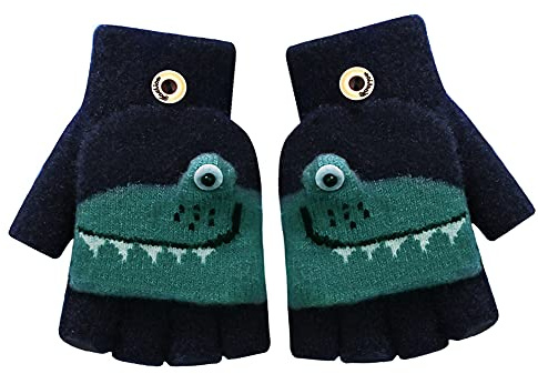 Cysocool Kids Convertible Flip Top Winter Gloves for Girls Boys 4-8 Year Dino Knit Cold Weather Gloves Fuzzy Half Finger Mittens Child Snow Warm Insulated Gloves