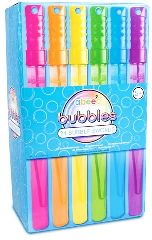 abeec 24 Pack Bubble Swords for Kids | Bubble Wands Multipack with Solution Included | 6 Colours, 118ml Each | Outdoor Toys, Garden Parties, Party Bag Fillers