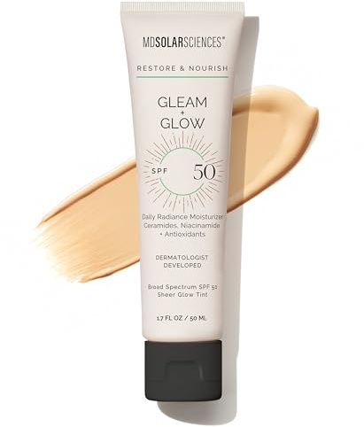 MDSolarSciences Gleam + Glow Sunscreen SPF 50 | Sheer Glow Tinted Moisturizer with Broad Spectrum UV Protection | Infused with Antioxidants, Ceramides & Vitamin C | Safe for Sensitive Skin (1.7 Fl Oz)