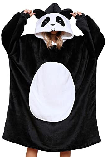 Niwicee överdimensionerad huvtröja filt fluffig fleece huva bärbar filt sweatshirt mjuk varm bekväm gigantisk huvtröja rock söta djur huvtröjor med stor ficka för kvinnor män barn, Svart panda –