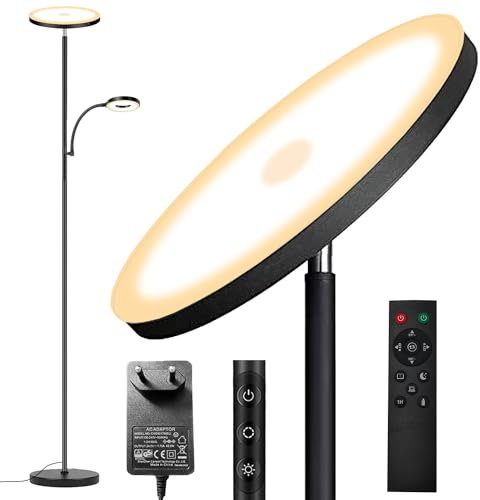 42W Lampada Da Terra Salotto, 4500LM Luminosa LED Piantana Lampada da Terra Dimmerabile con Telecomando e Touch Control, 2700K-6500K Piantana LED Lettura Nera per Soggiorno Letto Ufficio