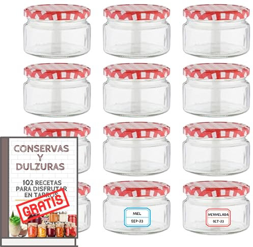 12 Tarros de Cristal de 140 ml con Tapa Metálica de Rosca + Ebook 102 Recetas - Tarros para Yogur, Postres, Mermelada y Cremas - Incluye 12 Etiquetas, Frascos de Vidrio Reutilizables y Herméticos