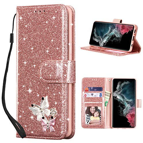 UEEBAI Klapphülle für Samsung Galaxy S20 FE 5G, PU Lederhülle Glitzer 3D Schmetterling Flip Cover Standfunktion mit Kartenfach Schutzhülle Diamant Glänzende Geldbörse Handschlaufe Etui - Roségold