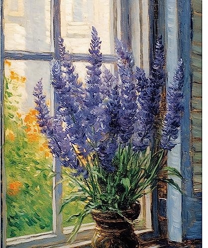 Lavendel Malen nach Zahlen für Erwachsene, DIY Digital Ölgemälde-Kits auf Leinwand mit Pinseln und Acrylpigment, rustikales Fensterblüte, florales Kunstwerk für Zuhause, Wanddekoration (rahmenlos)