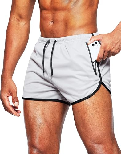 Alienjoy Herrshorts, sportbyxor, löpshorts, 3 tum, sommar, träningsbyxor, fitness, utomhus, sportbyxor, atletiska joggingshorts med dragkedjefickor, Vit, M
