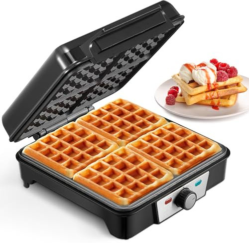 Reemix Waffeleisen für 4 belgische Waffeln, 1200 W Waffel Elektrisch mit Antihaftbeschichtete Platten, Einstellbare Temperatur und Leichte Reinigung, Edelstahl, Farbe: Silber/Schwarz