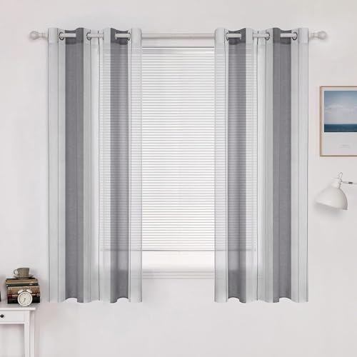 MIULEE Gardinen Gestreift Transparent mit Ösen, Voile Vorhänge Wohnzimmer Modern 2er Set, Vorhang Schlafzimmer Transparent mit Grau Weiss Gestreift Muster, Vorhang Halbtransparent Streifen 140X137 cm