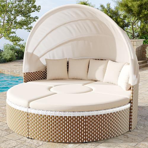 Dolamaní Rattan Gartenmöbel Set Gartensofa Sitzgruppe 4er Set, Sonneninsel Rund mit Einziehbarem Dach(mit Kissen & Sitzkissen), Anhebbare Tischplatte, Lounge Möbel Outdoor Wetterfest (Beige)