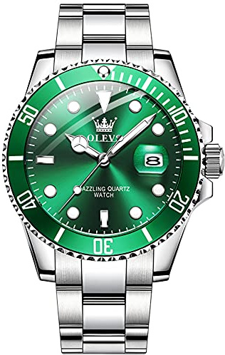 OLEVS Herren Uhr Luxus Edelstahl Analog Wasserdicht Quarzuhr Grün/Silber