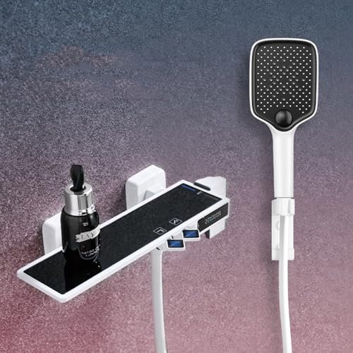 Armatur Badewanne mit Thermostat Weiß Wasserfall Badewannenarmatur mit 3 Funktionen Handbrause Wand Armaturen Dusche-A