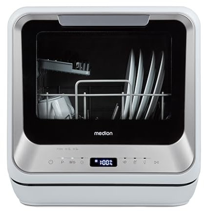 MEDION Mini lave-vaisselle DWT20 (lave-vaisselle de table, lave-vaisselle, 2 couverts, fonctionne avec/sans raccordement à l'eau, 6 programmes de nettoyage, biberons, départ différé, pose libre) argen
