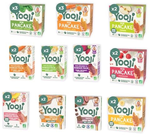 Yooji - 43 Repas bébé bio dès 12 mois morceaux DME & alimentation autonome - Bâtonnets Pancakes Viande Légumes et féculents