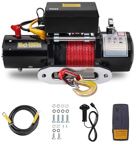 TEENO Treuil électrique 12V, Traction Jusqu'à 6000 LB / 2722 kg, Treuil de Corde Synthétique sans Fil télécommandé,Corde de Traction en Nylon Rouge,Télécommande sans Fil 30m et Télécommande Limitée