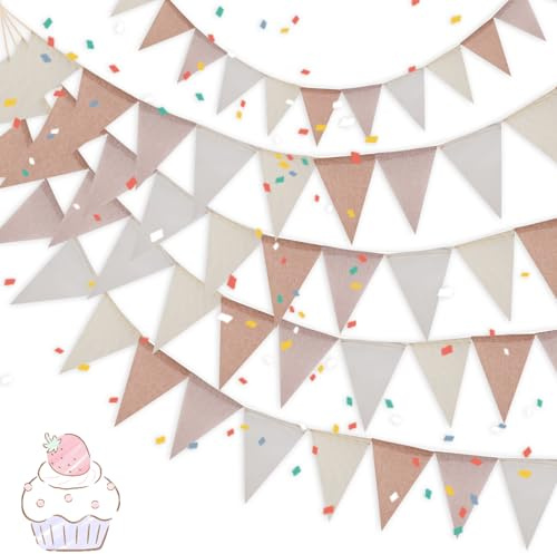 4 Stück Wimpelkette Outdoor, 16M Wetterfest Leinenimitat Wimpel Vintage Bunt Flaggen Girlande mit 48 Wimpelkette für Halloween Hochzeit Geburtstag Party Garten Indoor Dekoration (Beigebraun)
