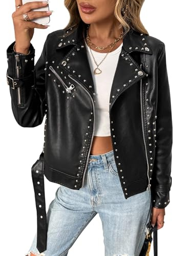 LY VAREY LIN Studded Faux Leather Moto Jacket Women Black PU Biker Coat with Rivets Punk Style (US, Alpha, Small, Regular, Regular, Black)