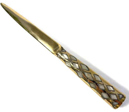 Polished Brass Letter Opener with Mother of Pearl Inlays in Handle, Decorative Envelope Opener for School, Home, and Office use