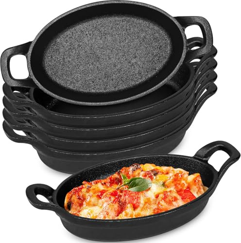 OJMHD 6 Pack Mini Cast Iron Skillets, 15.5 cm Small Oval Cast Iron Serving Plates, Ironed Oven Proof Pan, Gratin Casserole Dish Cookware for Kitchen Baking Cooking Frying