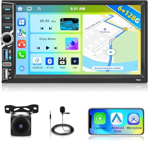 6+128G Motorsi Autoradio mit Kabelloses A-pple Carplay/Android Auto, 7 Zoll IPS 2 Din Bildschirm Touchscreen Car Radio mit GPS/Bluetooth 5.0/SWC/FM/RDS/WiFi/USB + Rückfahrkamera