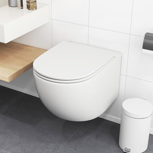 GIANTEX WC suspendu sans bord, WC mural en céramique avec couvercle amovible, fermeture douce, système de double chasse d'eau, design peu encombrant, 52,5 x 35,8 x 36 cm