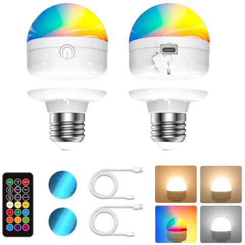 LUTW Bombilla Recargable E27, Bombilla RGB con Control Remoto, 3 Temperaturas de Color, Bombillas Recargables USB con Batería de 2000 mAh y Regulable para Dormitorio Cocina, 7 W, Paquete de 2