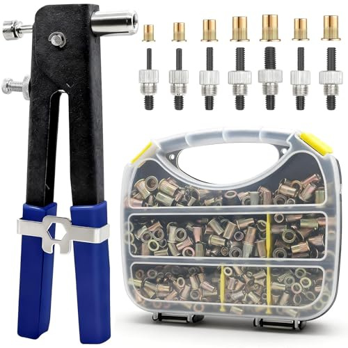 Eoppen 455Pcs Rivet Nut Tool Kit, Rivnut Tool Kit with 7 SAE and Metric Mandrels (10-24, 1/4-20, M3, M4, M5, M6, M8) and Rivet nut Assortment Kit with Rugged Carrying Case (Carbon Steel)