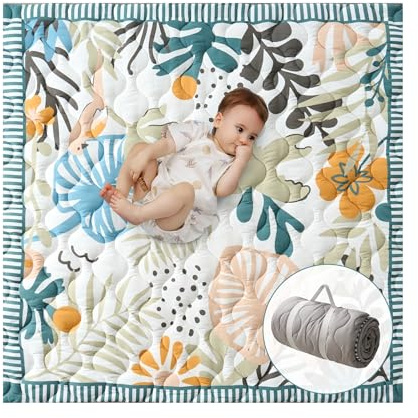 Momcozy Tappeto Gioco Bambini per Pavimento 127 x 127 cm, Tappeto per Box Spesso per Tummy Time, Impermeabile e Antiscivolo, Pieghevole da Esterno con Maniglia, Mondo Foresta
