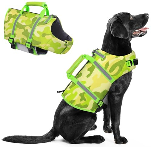 PUZAUKAL Schwimmweste Hunde mit Rettungsgriff, Reißverschluss-Verschluss | Hoher Auftrieb Hundeschwimmweste für Große Hunde, Verstellbare Kleine Mittel Rettungsweste für Wassersport, Camo Grün S