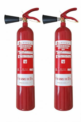 FERRETELIX Lot de 2 extincteurs CO₂ 2 kg + diffuseur et support mural - Sans résidus - Idéal pour équipements électriques - Fabrication 2026 (2)