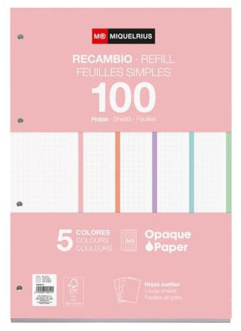 Miquelrius - 100 Hojas Sueltas Cuadriculadas 5 x 5 mm, Recambio A4 | Folios en 5 Colores, Papel Opaco 90 g/m² con Perforaciones para Carpeta de Anillas o Archivador, Material Escolar