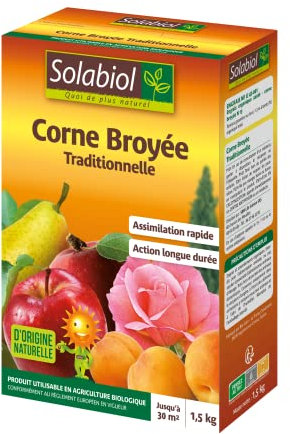 SOLABIOL Corne Broyée Traditionnelle - 1,5kg - Jusqu'à 30m² - Action Rapide & Longue Durée - 100% Corne Broyée - Pour Plantation & Entretien - Favorise La Croissance SOCOR15G10N