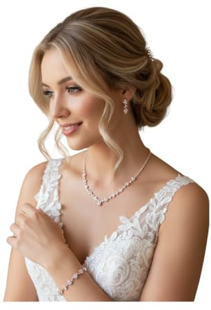 ONDEGO® Schmuckset Rosegold – 3-teiliges Strass-Set mit Kette, Ohrringen & Armband – Modeschmuck Set für Damen – festlich & elegant – Geschenkidee