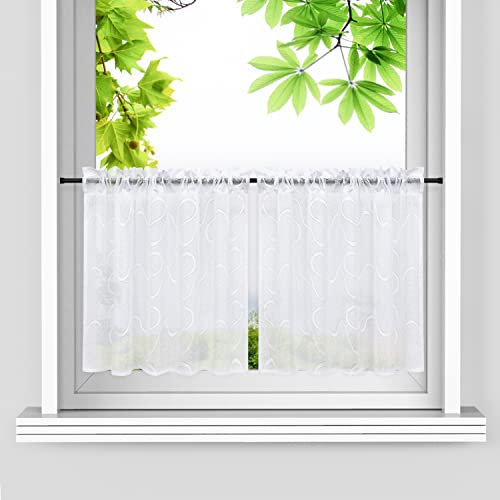 HeichkelL Scheibengardinen Set 2 teilig Kurzstores Gardinen Küche Bistrogardine Landhausstil Transparent Halbgardine Leinenoptik Weiß BxH 145x60 cm