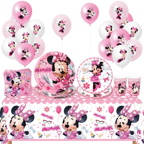 Geburtstag Geschirr Kit, Partygeschirr Luftballons Kindergeburtstag, 63 Stück Partyset Kindergeburtstag mit 20 Servietten, 18 Latexballon, 16 Papptelle, 8 Pappbecher, Tischdecke Rosa
