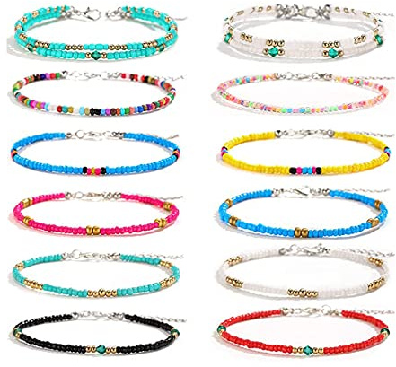Vristlänkar, 12 stycken färgglada fotlänkar, justerbara, bohemiska handgjorda, med pärlor, boho-vristlänkar, fashionabla, för stranden, för kvinnor och flickor, 22 centimeters, Metall