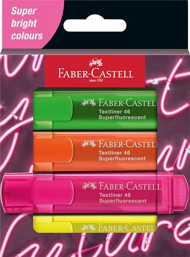 FABER-CASTELL 254600 - Textmarker Set 46, 4er Etui, Neon Farben, mit langlebiger Keilspitze, Strichbreite 1-5 mm, nachfüllbar