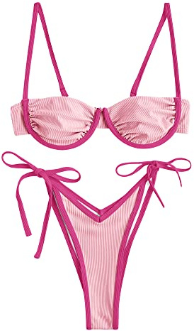 ZAFUL Women's Underwire Bikini Color Block Swimsuit Two Piece String Bikini Set Ribbed Frilled Bathing Suit(2-Rose Red,S)