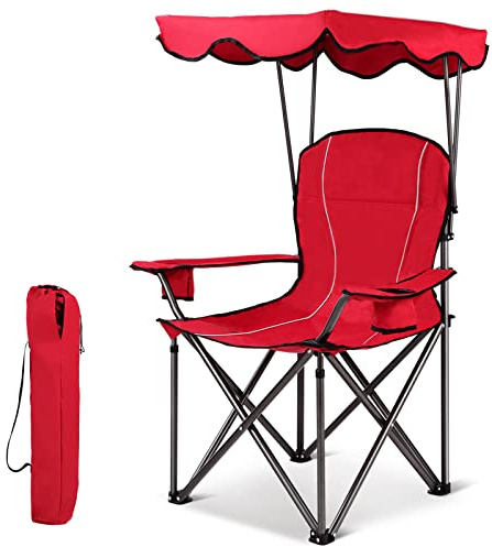 KOMFOTTEU Chaise de camping avec baldaquin ombre, chaise de plage et chaise de plage, pliable, avec porte-gobelet et sac, chaise pliante d'extérieur jusqu'à 130 kg, rouge