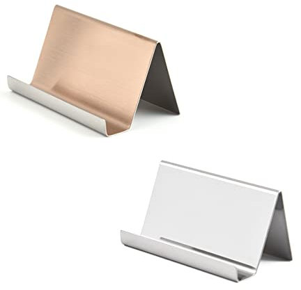 2 x Visitenkartenhalter aus Edelstahl, Namenskartenständer, Schreibtisch-Visitenkartenhalter, Büro-Kartenständer für Büroschreibtisch, Arbeitsplatten - Silber + Roségold