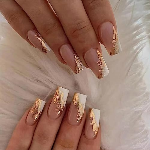TMUT 24pcs Medium Square False Nails White Tip Gold Foil Stick on Nails Pink Press on Nail Removable Acrylic Full Cover Glue on Fake Nail Art Accessories for Women