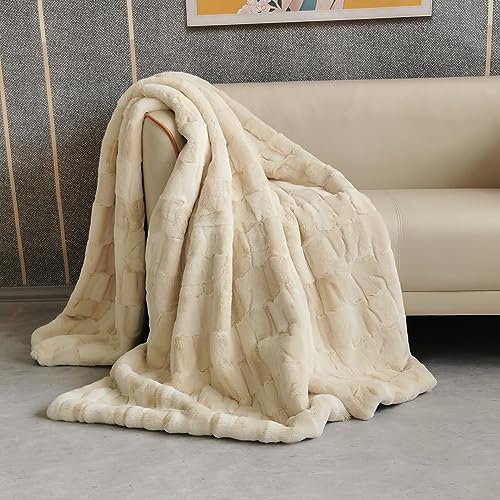 Webpelz Kuscheldecke, Luxuriöse Kunstfelldecke, Decke aus Kunstnerz, Decke aus Tierfellimitat, weiche Wohndecke, Dekorative Decke, Super Weich Flauschige Gemütlich, für Sofa Bett-Off White||200×150cm