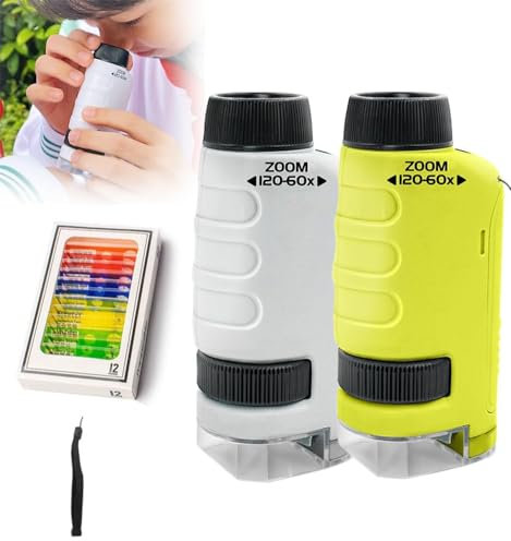PKKP Taschenmikroskop für Kinder, 60x-120x Tragbares Handmikroskop mit LED, Miniskop mit 12 Mikroskop-Objektträgern, Mikroskop für Kinder, Mini Mikroskop für Haus Schule Labor (Weiß+Gelb)