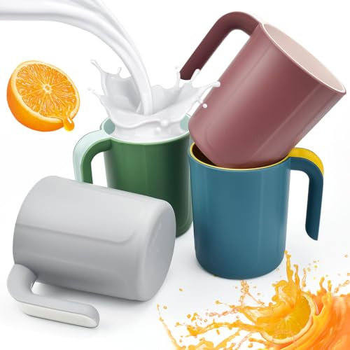 HEKOBAG Set of 4 Plastic Cups with Handles, 450ml/15.8Oz Unbreakable & Reusable Light Weight Travel Coffee Mugs BPA-Free, Dishwasher & Microwave Safe Drinking Cup for Camping, Travel & Outdoor