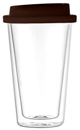 Bicchiere da Viaggio in Vetro a Doppia Parete da 2 Pezzi, Tazza da Caffè da Viaggio in Vetro Riutilizzabile con Coperchio in Silicone, Tazze Termiche Isolate a Doppia Parete, Bicchieri per(Marrone)