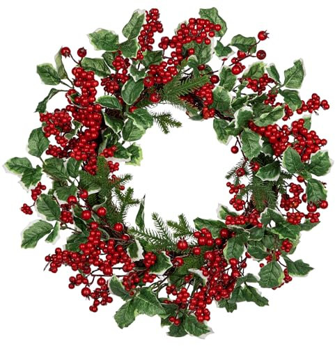 Hollyone 45cm Weihnachtskranz Türkranz Weihnachtsdeko, Künstliche Kranz mit Roten Beeren und Stechpalmenblättern, Winterkranz für draußen drinnen, Fenster, Haus, Feiertagsdekoration